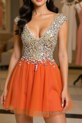Gorgeous V Neck Open Back Orange Short Semi Formal Prom Dresses Homecoming Dresses, Short Orange Formal Evening Dresses
